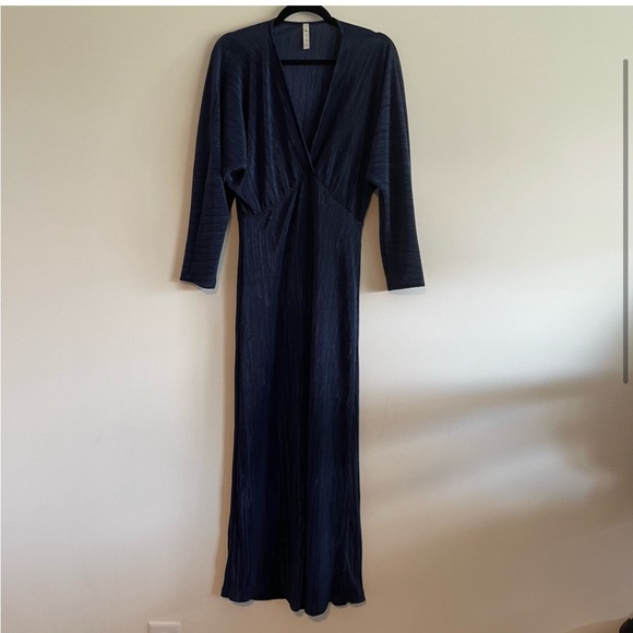 Plisse Long Sleeve Blue Gown - Picture 2 of 9